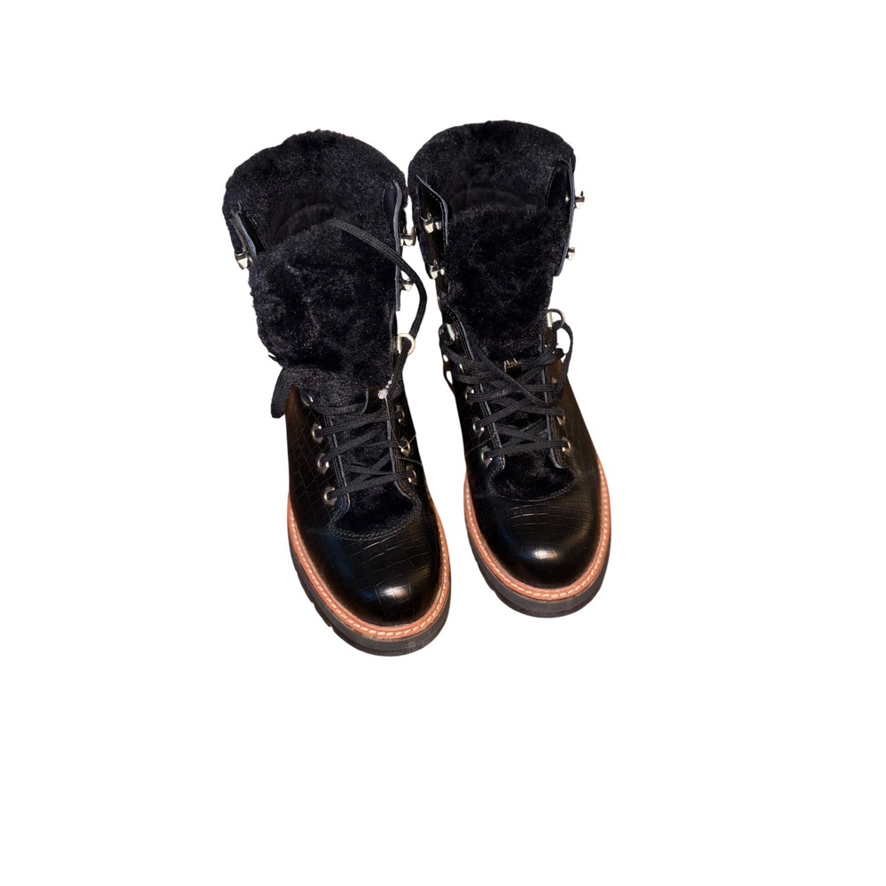 Clarks Faux Fur Combat Boots Black Croc Embossed Cozy Lug Sole Women's 7 NWOT